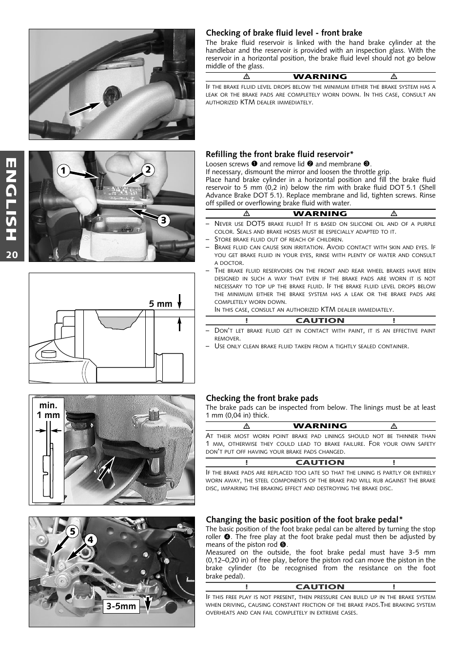 English, Checking of brake fluid level - front brake, Refilling the front brake fluid reservoir | Checking the front brake pads | KTM Supermoto 640LC4 User Manual | Page 21 / 46