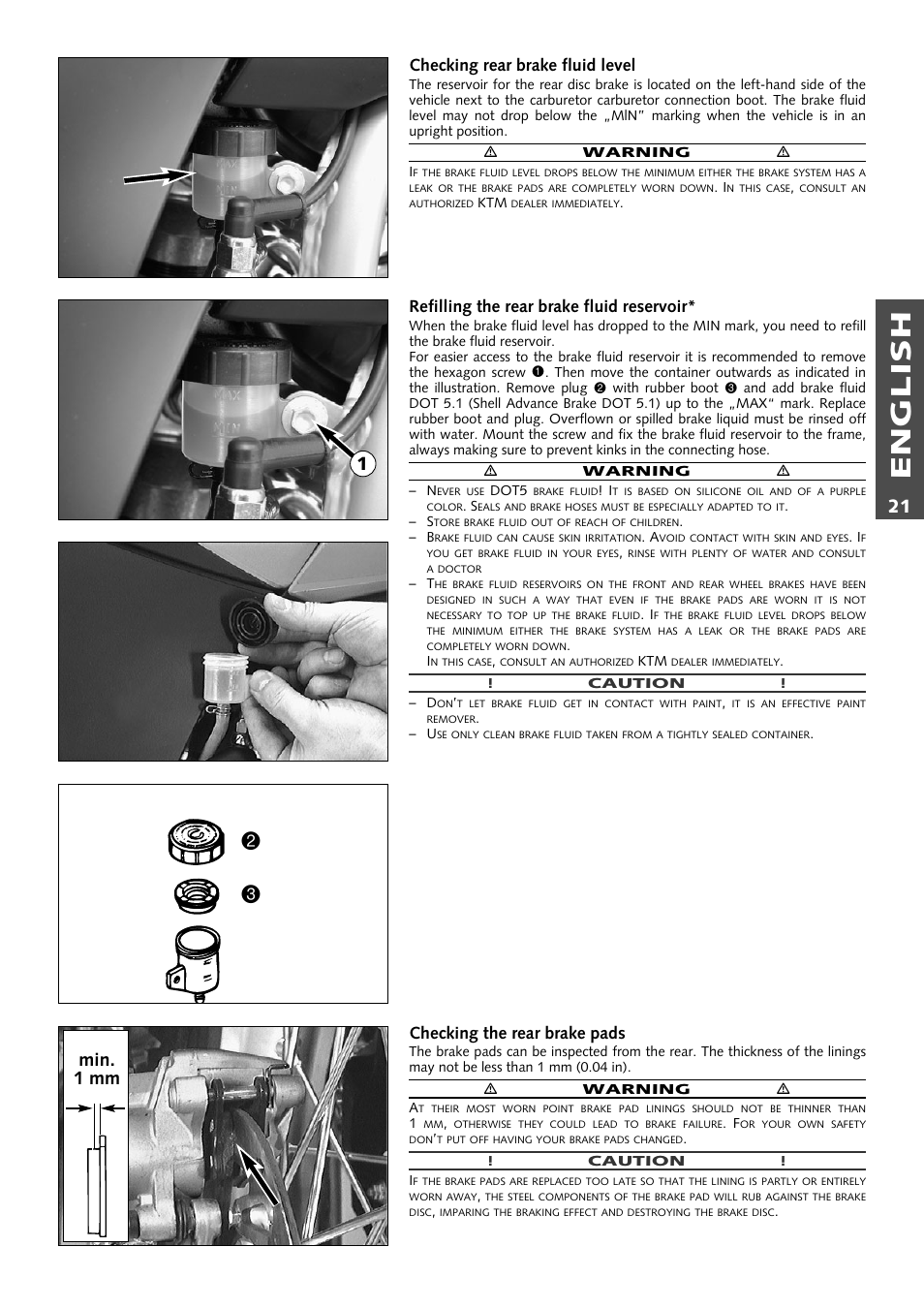 English, Min. 1 mm, Checking rear brake fluid level | Refilling the rear brake fluid reservoir, Checking the rear brake pads | KTM Supermoto 640LC4 User Manual | Page 22 / 46