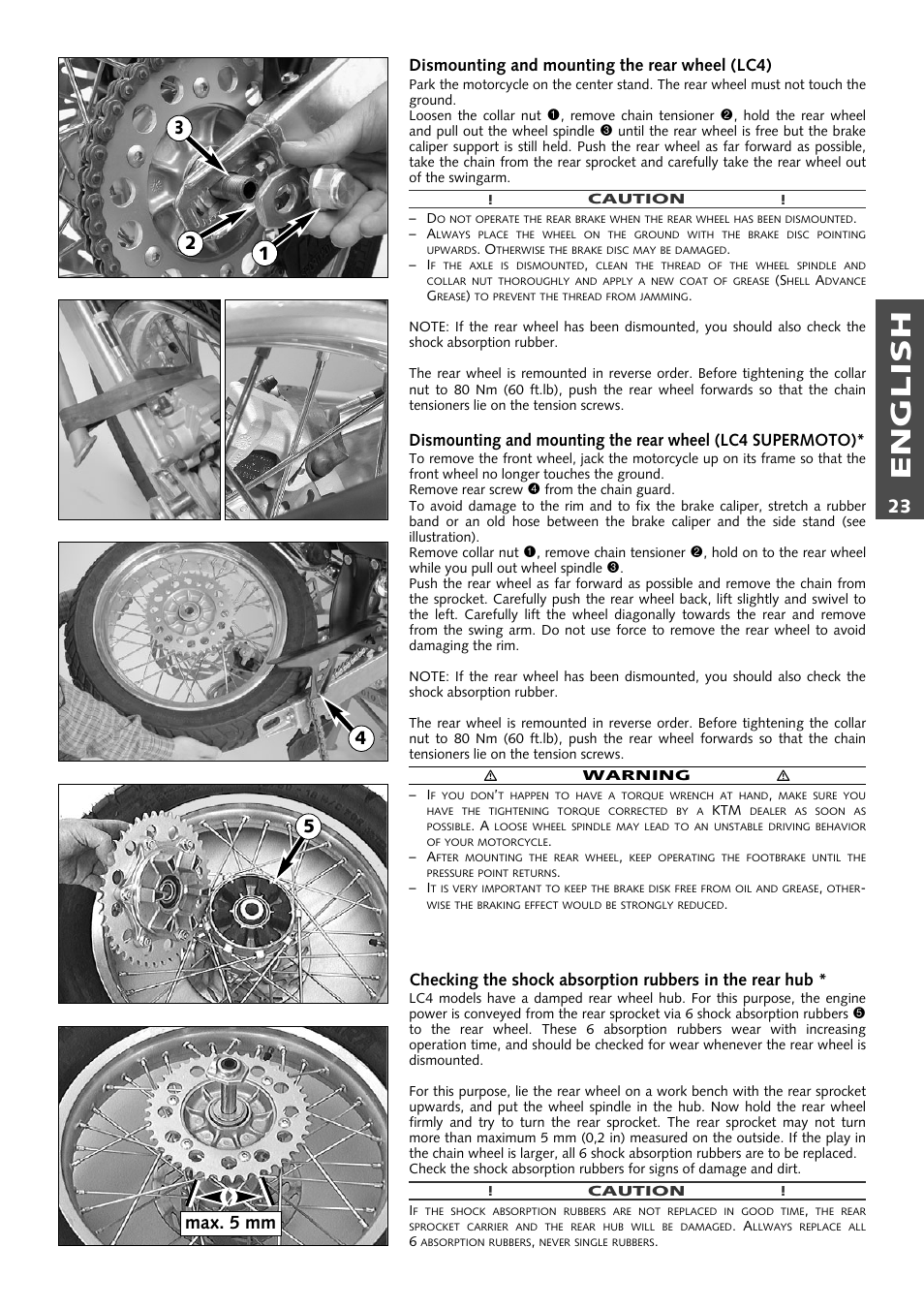 English, Dismounting and mounting the rear wheel (lc4) | KTM Supermoto 640LC4 User Manual | Page 24 / 46