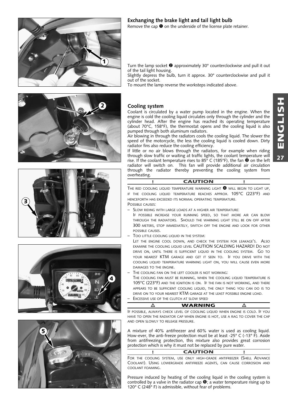 English, Exchanging the brake light and tail light bulb, Cooling system | KTM Supermoto 640LC4 User Manual | Page 28 / 46