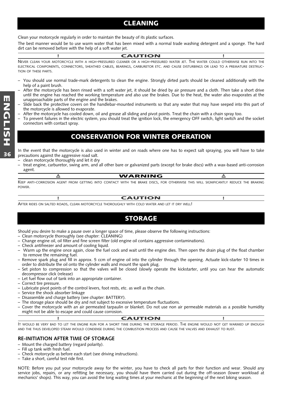 English, Cleaning storage, Conservation for winter operation | KTM Supermoto 640LC4 User Manual | Page 37 / 46