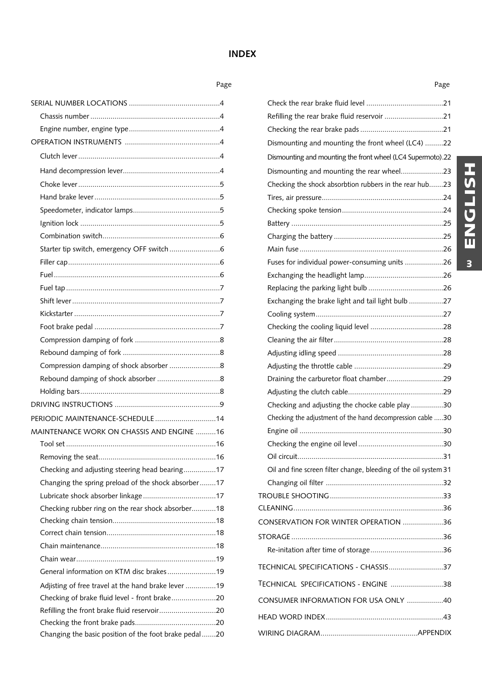 English, Index | KTM Supermoto 640LC4 User Manual | Page 4 / 46