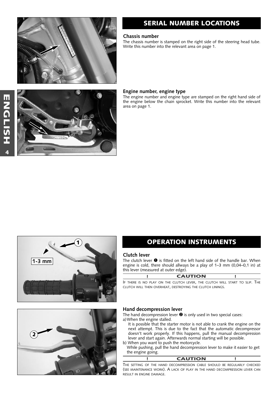 English, Serial number locations operation instruments, 3 mm 1 2 | KTM Supermoto 640LC4 User Manual | Page 5 / 46