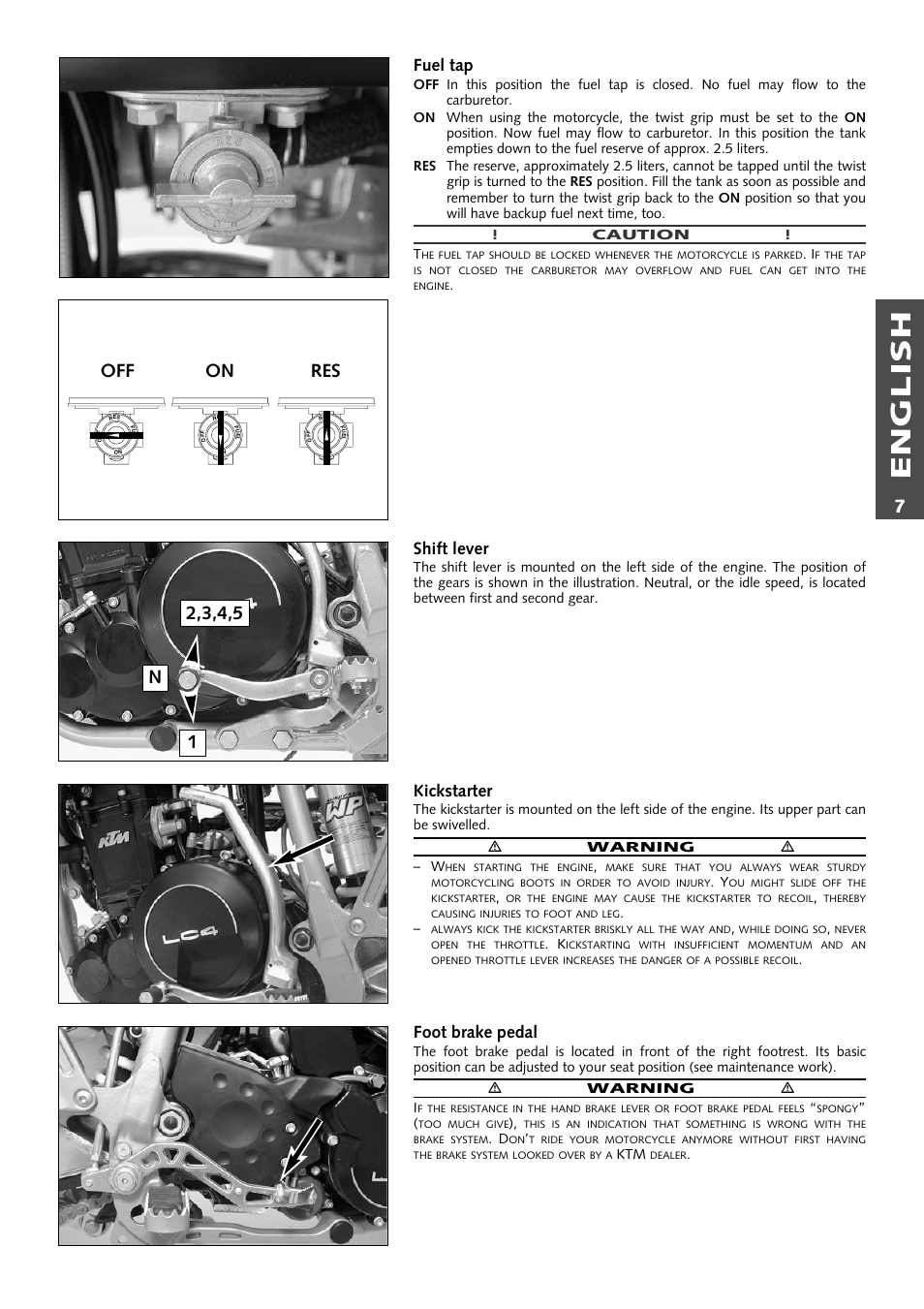 English, Fuel tap, Shift lever | Kickstarter, Foot brake pedal | KTM Supermoto 640LC4 User Manual | Page 8 / 46