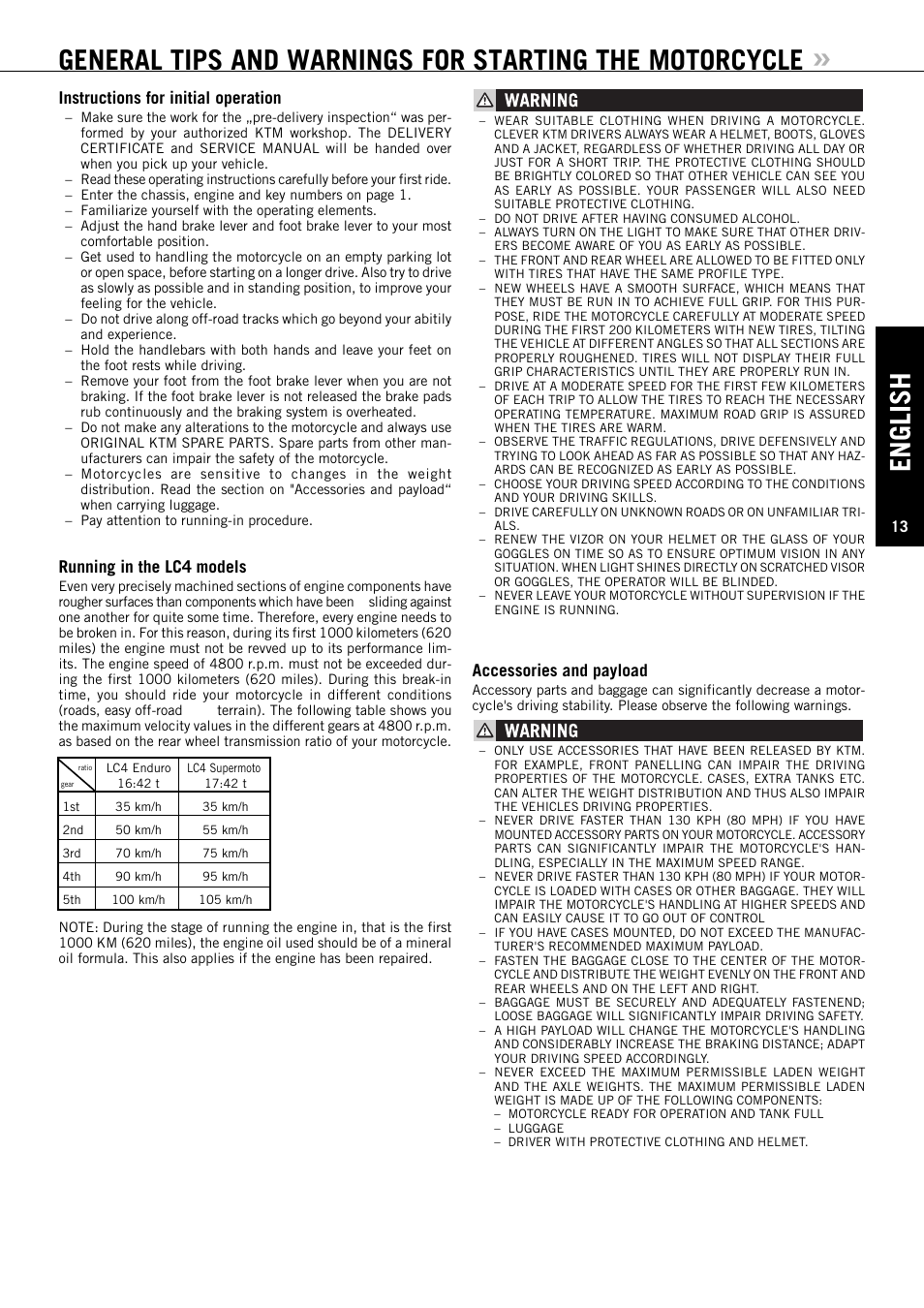 English, Accessories and payload, Instructions for initial operation | Running in the lc4 models | KTM ENDURO 640 LC4 User Manual | Page 14 / 60