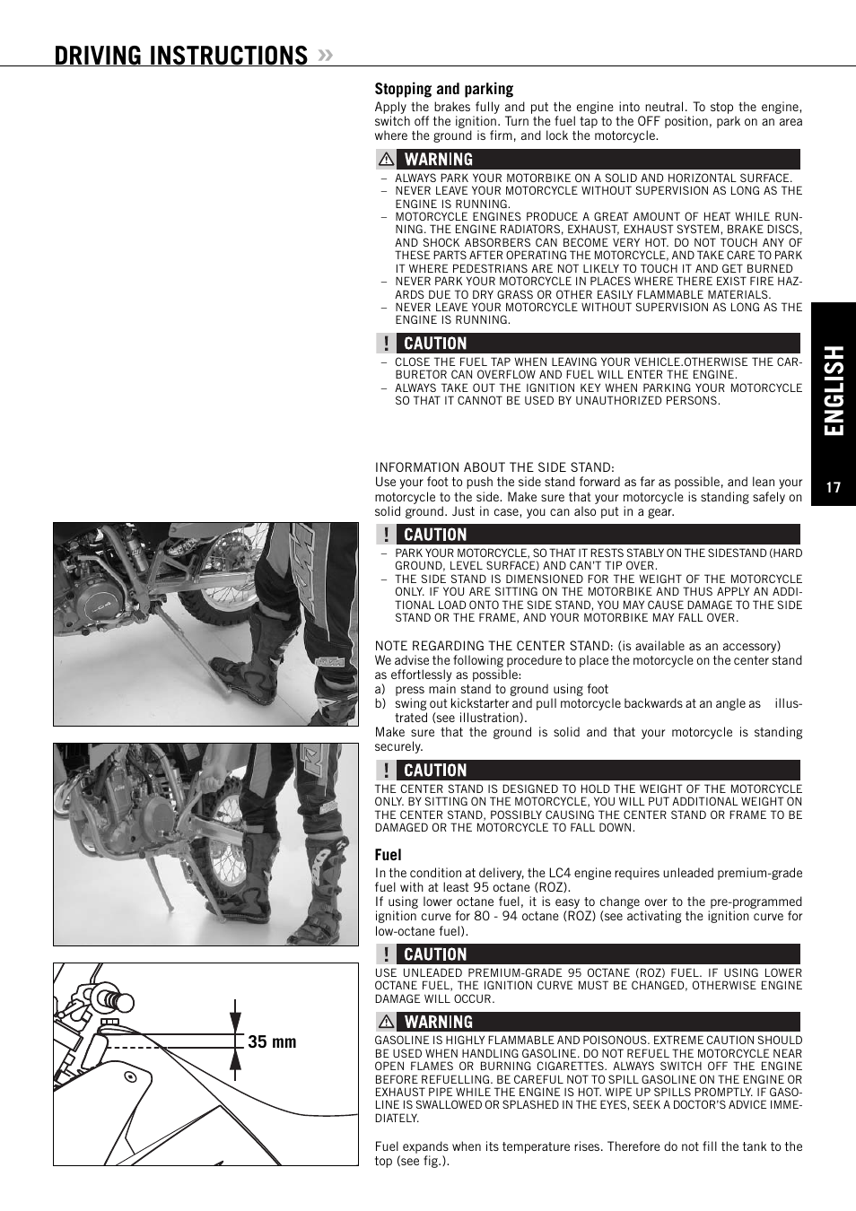English, Driving instructions, 35 mm | KTM ENDURO 640 LC4 User Manual | Page 18 / 60