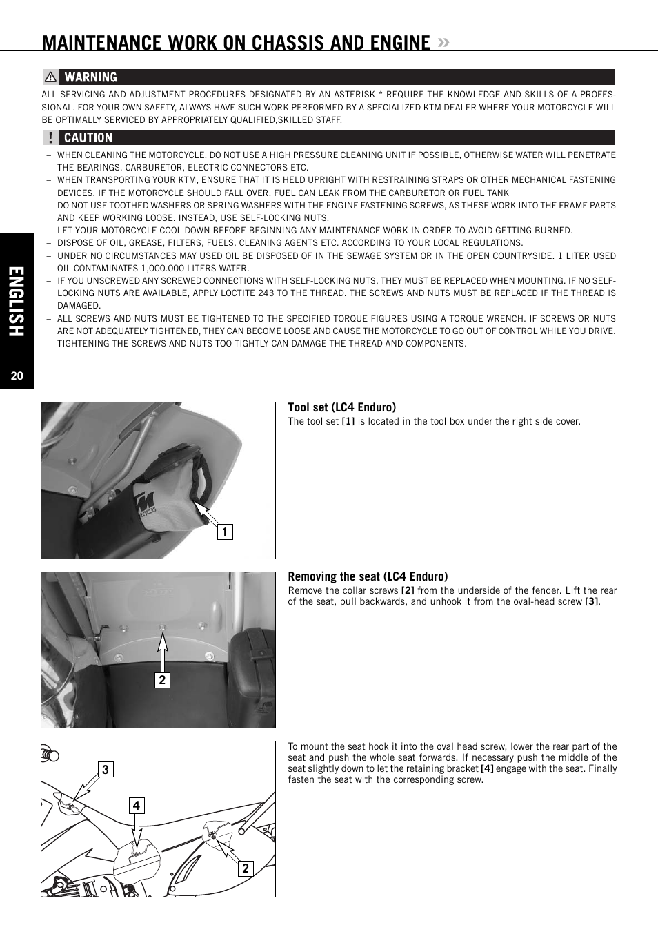 English, Maintenance work on chassis and engine | KTM ENDURO 640 LC4 User Manual | Page 21 / 60