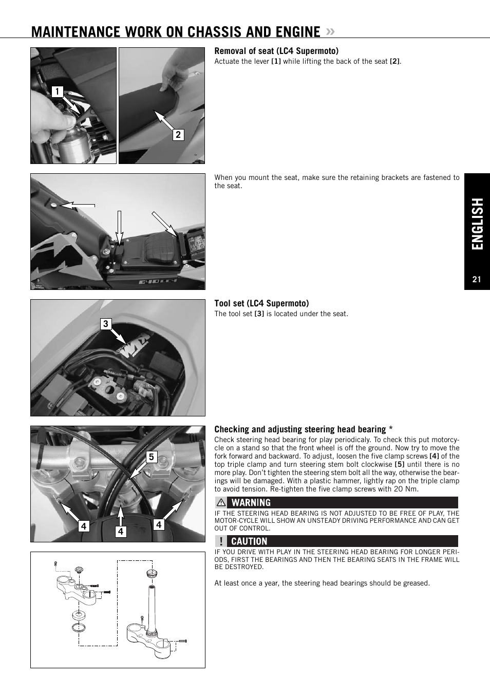 English, Maintenance work on chassis and engine | KTM ENDURO 640 LC4 User Manual | Page 22 / 60