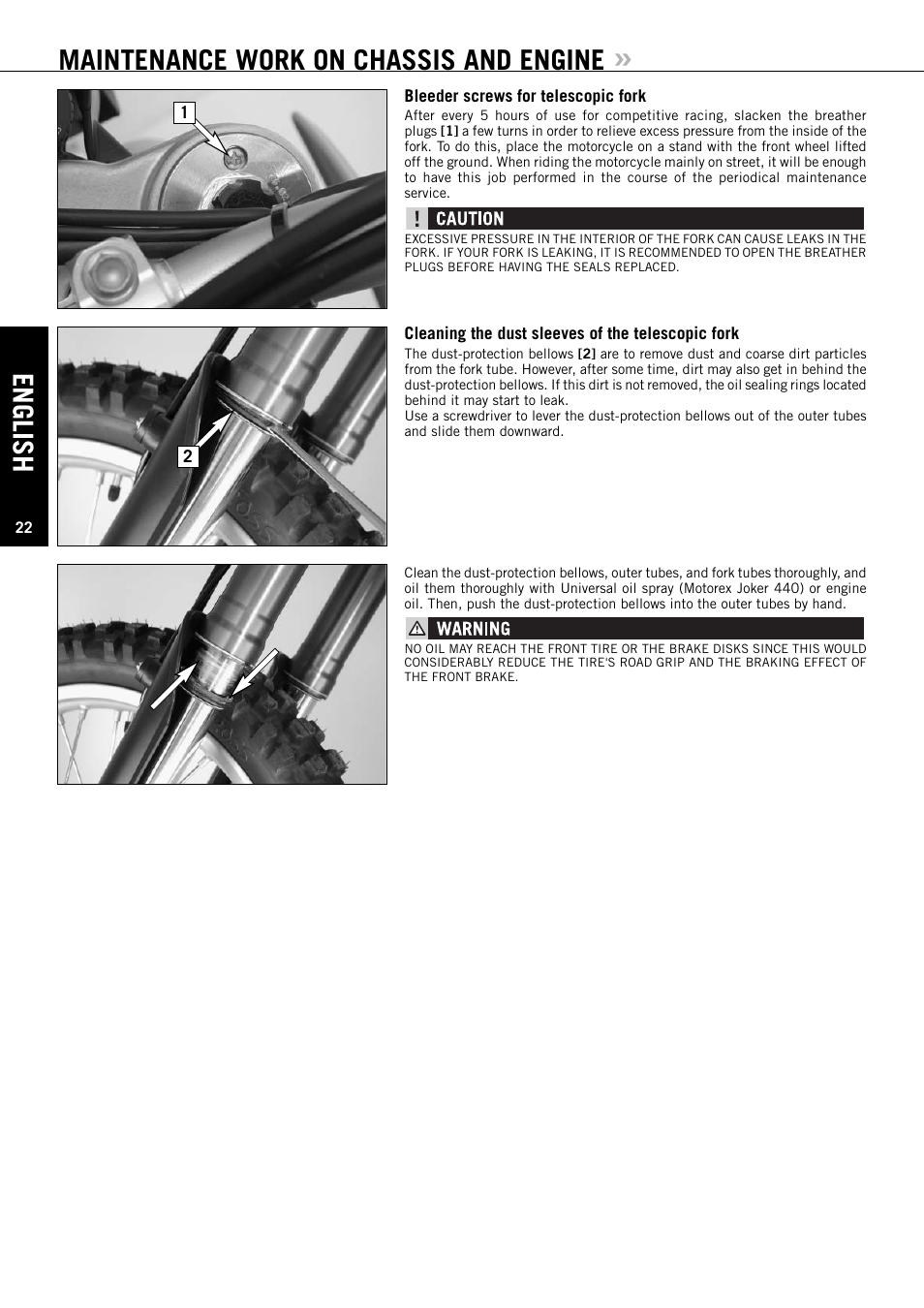 English, Maintenance work on chassis and engine | KTM ENDURO 640 LC4 User Manual | Page 23 / 60