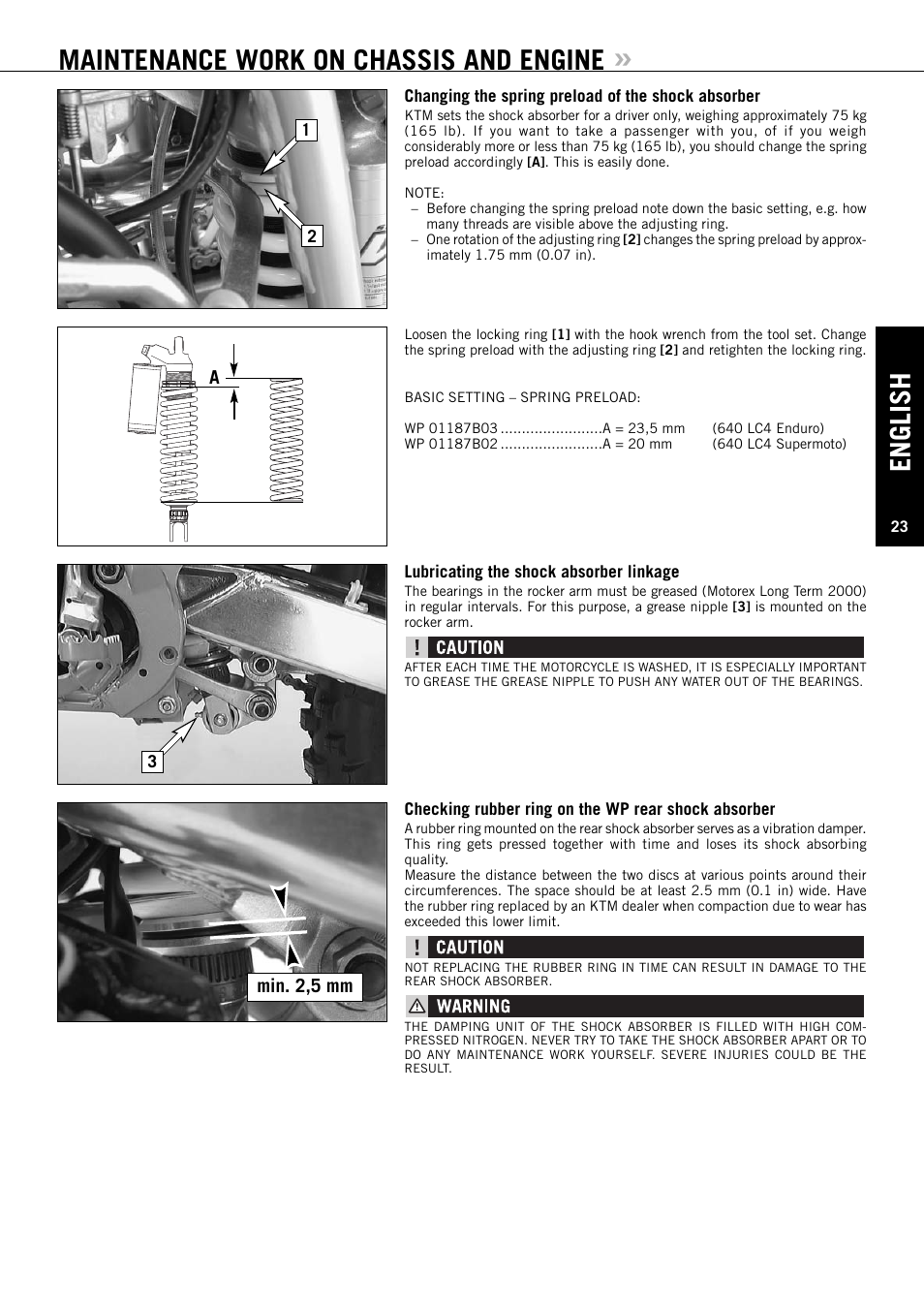 English, Maintenance work on chassis and engine, Amin. 2,5 mm | KTM ENDURO 640 LC4 User Manual | Page 24 / 60