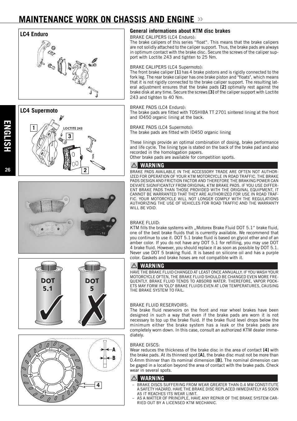 English, Maintenance work on chassis and engine, Lc4 enduro lc4 supermoto | KTM ENDURO 640 LC4 User Manual | Page 27 / 60