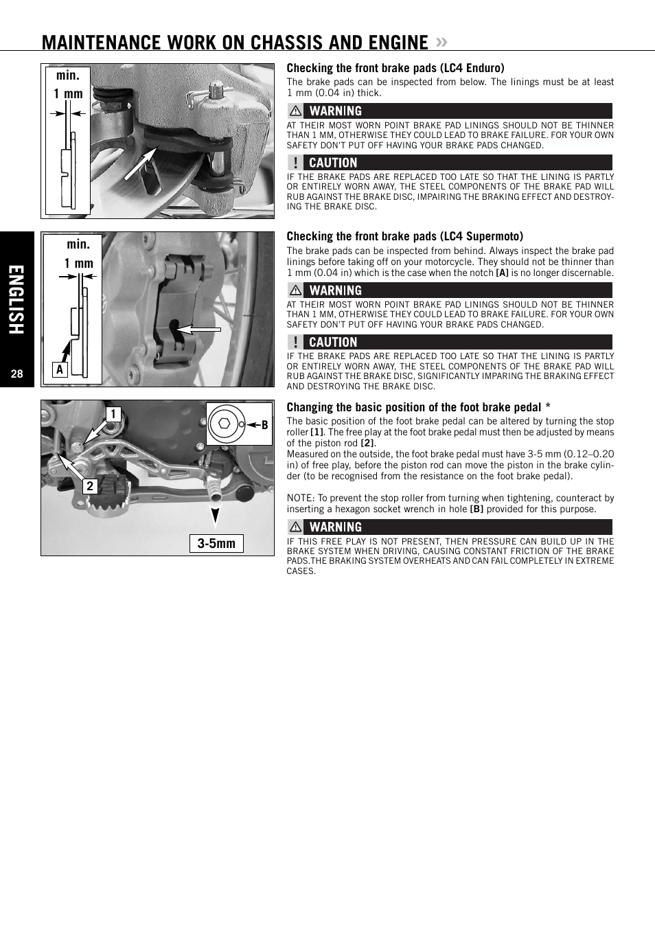 English, Maintenance work on chassis and engine, Min. 1 mm 3-5mm min. 1 mm | KTM ENDURO 640 LC4 User Manual | Page 29 / 60