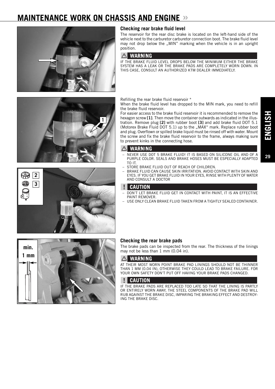 English, Maintenance work on chassis and engine, Min. 1 mm | KTM ENDURO 640 LC4 User Manual | Page 30 / 60