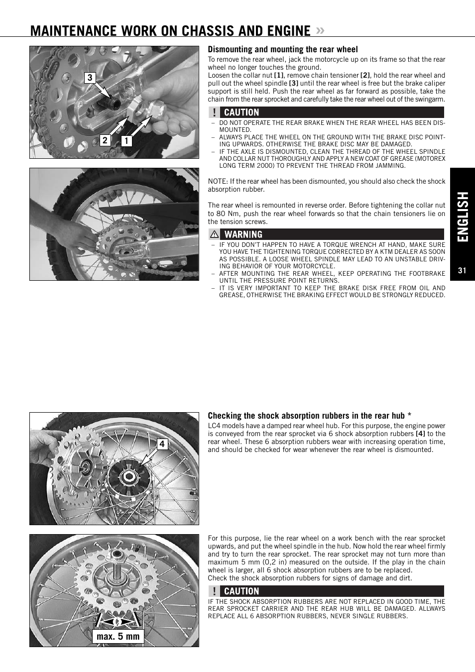 English, Maintenance work on chassis and engine, Max. 5 mm | KTM ENDURO 640 LC4 User Manual | Page 32 / 60