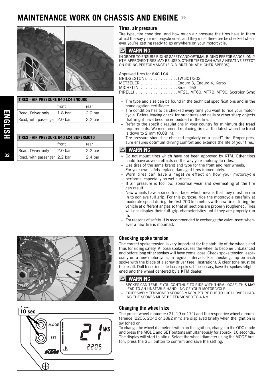 English, Maintenance work on chassis and engine, 10 sec | KTM ENDURO 640 LC4 User Manual | Page 33 / 60