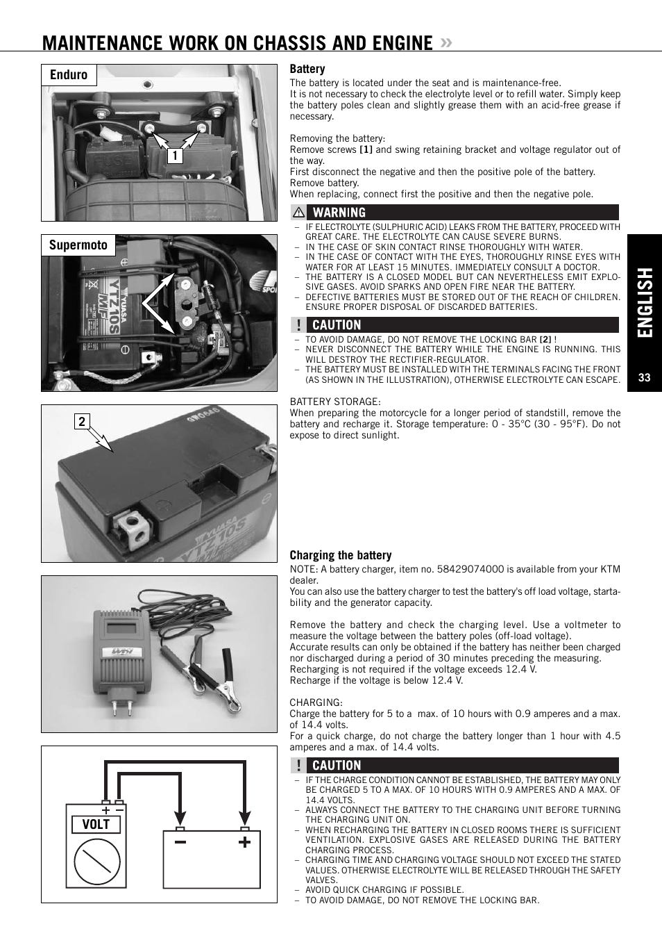 English, Maintenance work on chassis and engine, Volt | Enduro supermoto | KTM ENDURO 640 LC4 User Manual | Page 34 / 60