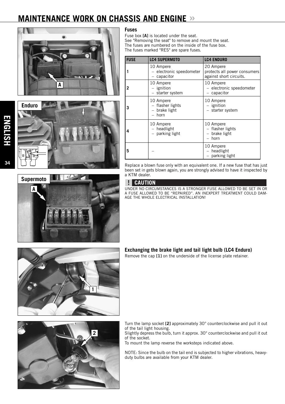 English, Maintenance work on chassis and engine, Enduro supermoto | KTM ENDURO 640 LC4 User Manual | Page 35 / 60