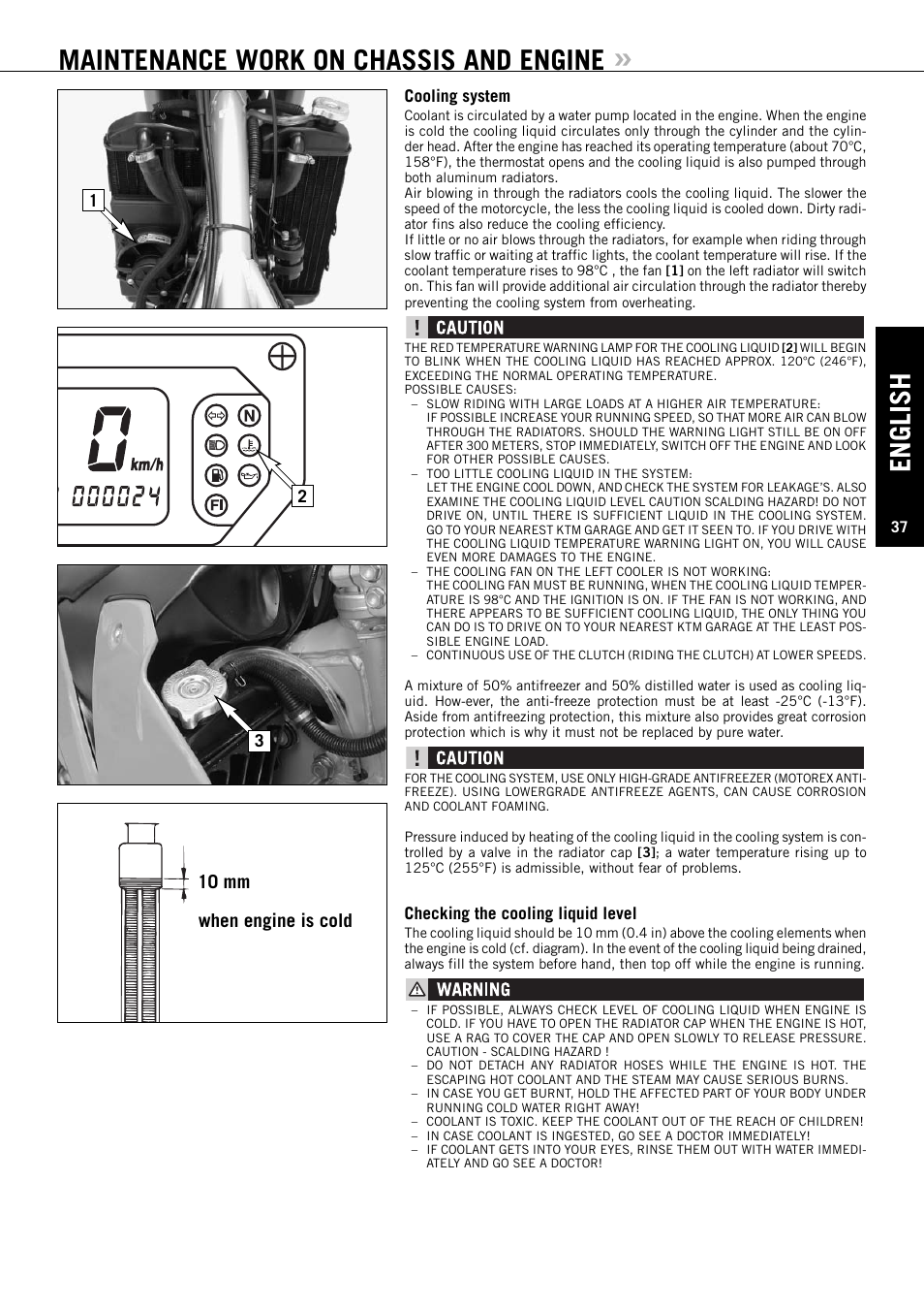 English, Maintenance work on chassis and engine, When engine is cold 10 mm | KTM ENDURO 640 LC4 User Manual | Page 38 / 60