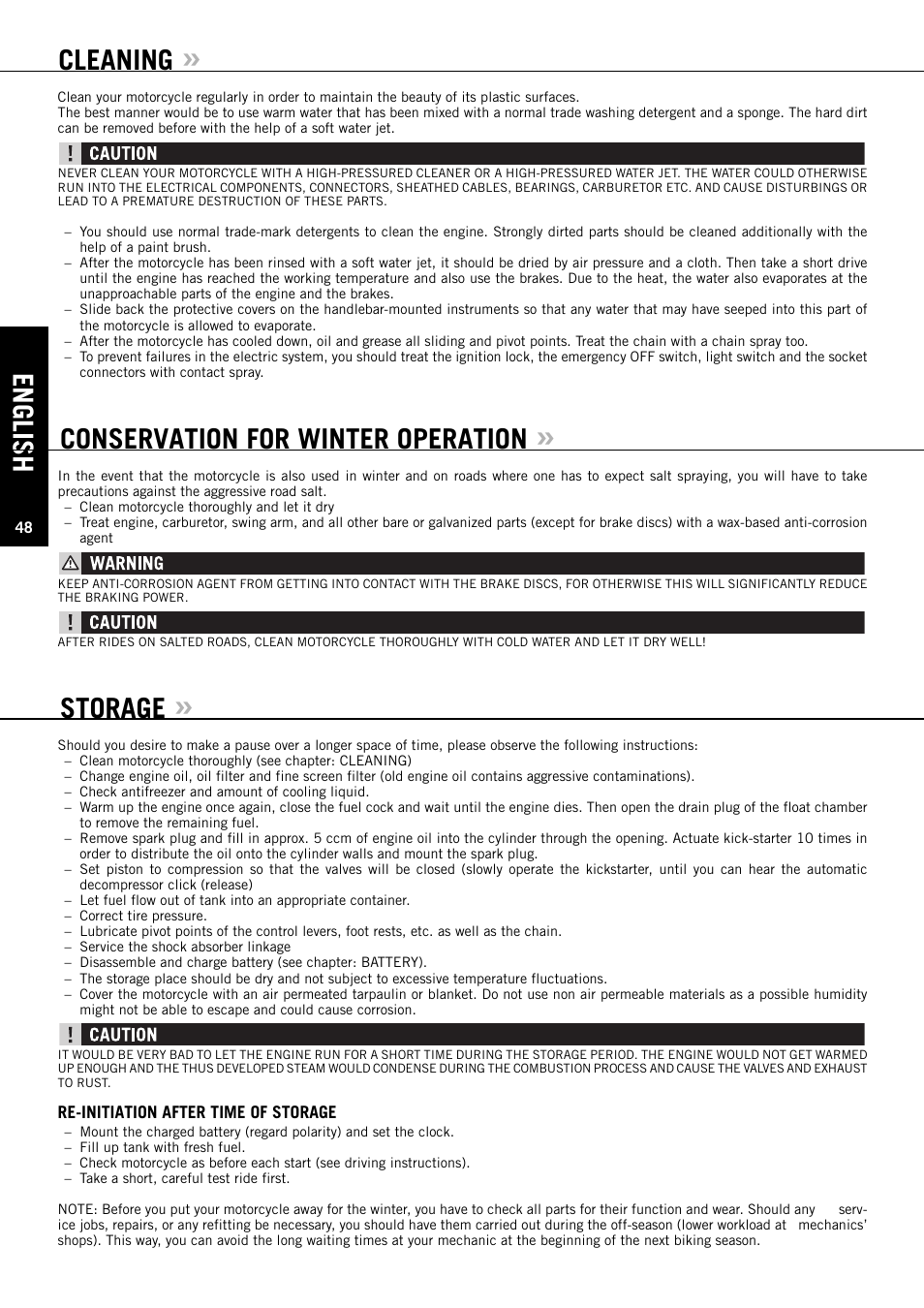 English, Cleaning, Conservation for winter operation | Storage | KTM ENDURO 640 LC4 User Manual | Page 49 / 60