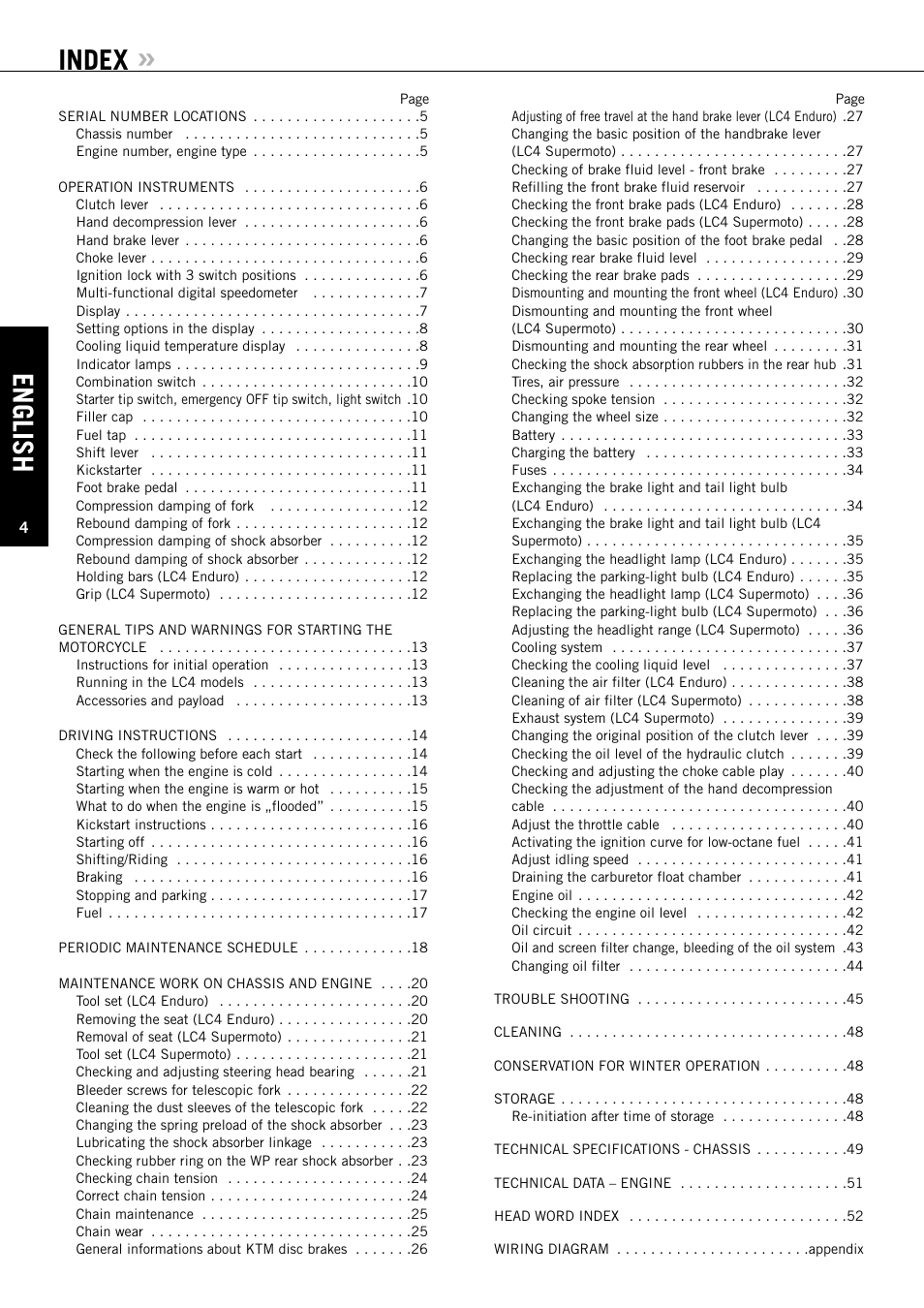 English, Index | KTM ENDURO 640 LC4 User Manual | Page 5 / 60
