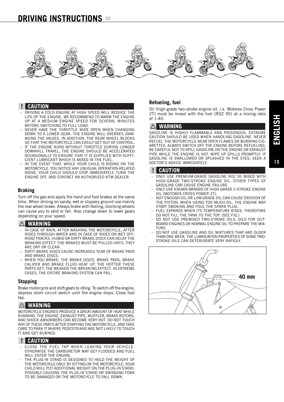 English, Driving instructions, 40 mm | Braking, Stopping, Refueling, fuel | KTM 85SX User Manual | Page 14 / 42