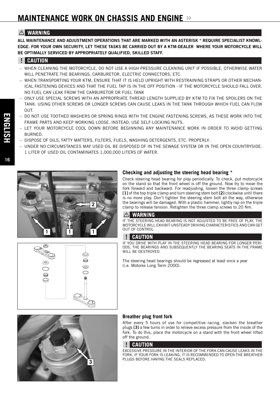 English, Maintenance work on chassis and engine | KTM 85SX User Manual | Page 17 / 42