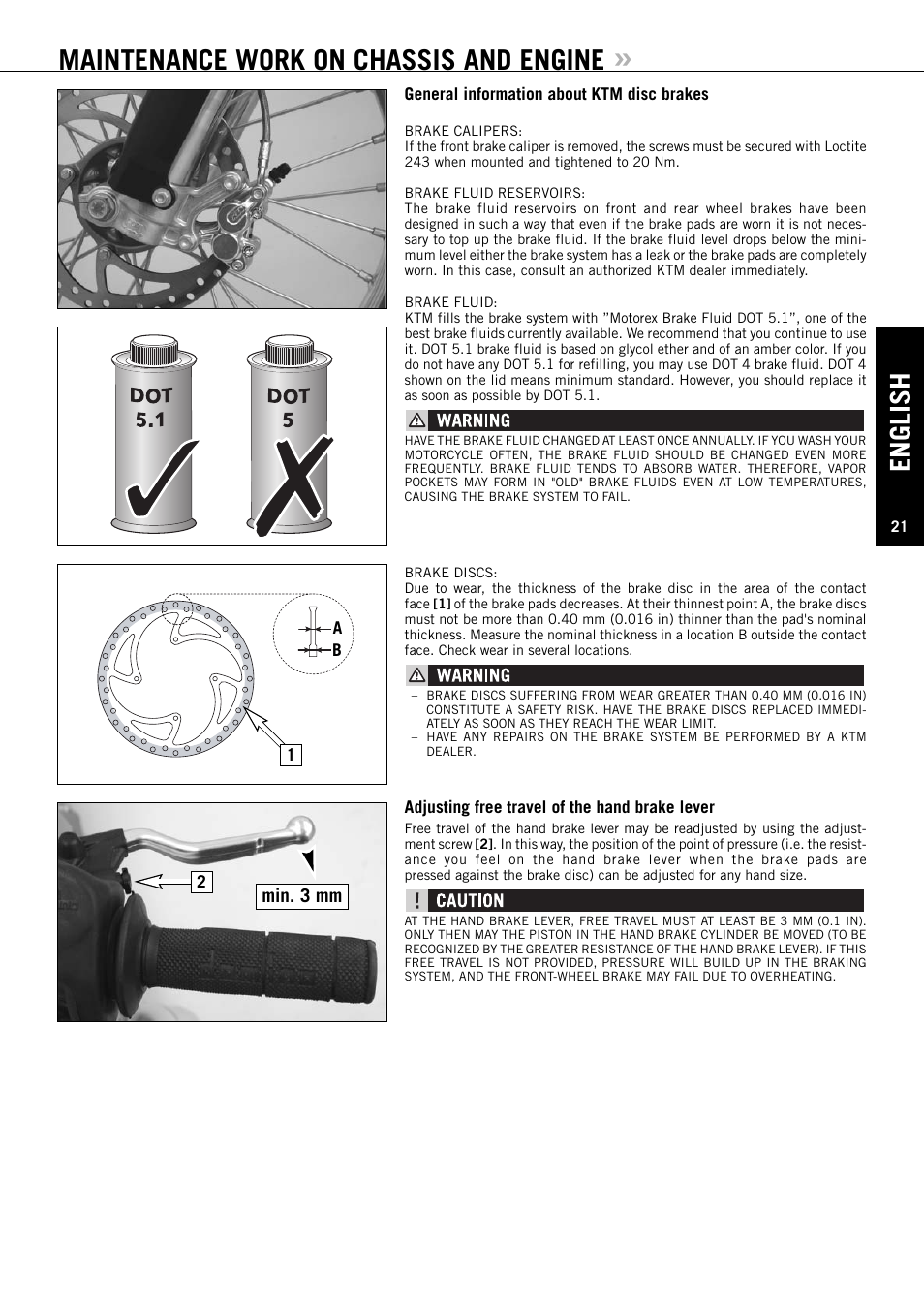 English, Maintenance work on chassis and engine, Min. 3 mm | KTM 85SX User Manual | Page 22 / 42