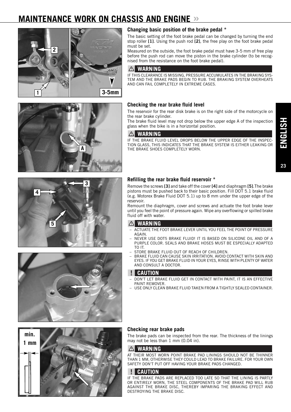 English, Maintenance work on chassis and engine, Min. 1 mm | KTM 85SX User Manual | Page 24 / 42