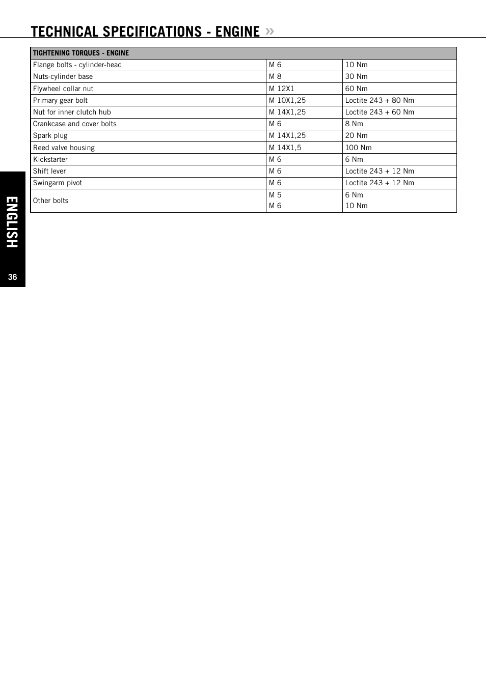 English, Technical specifications - engine | KTM 85SX User Manual | Page 37 / 42