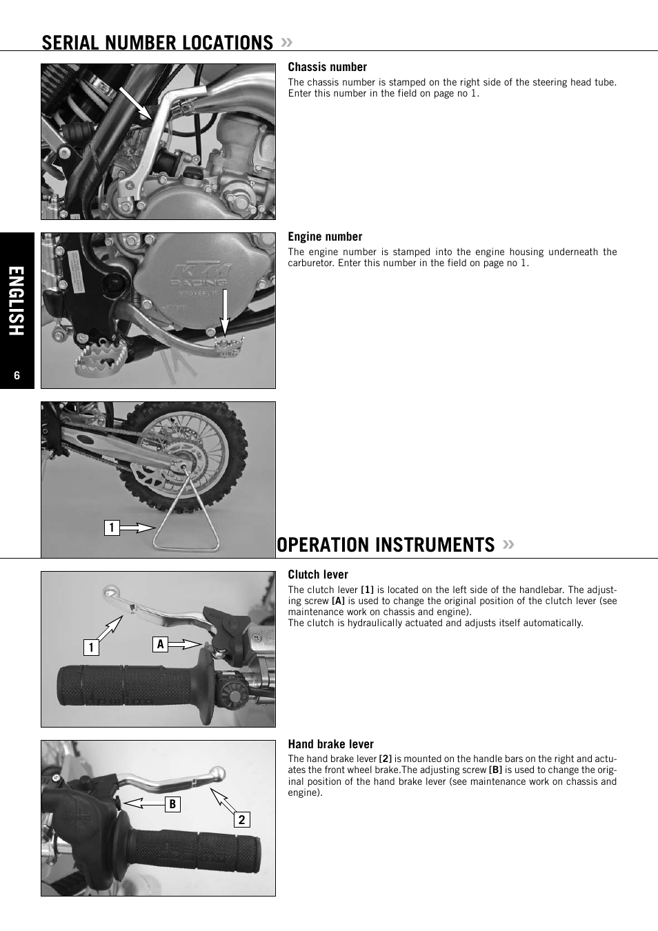 English, Serial number locations, Operation instruments | KTM 85SX User Manual | Page 7 / 42