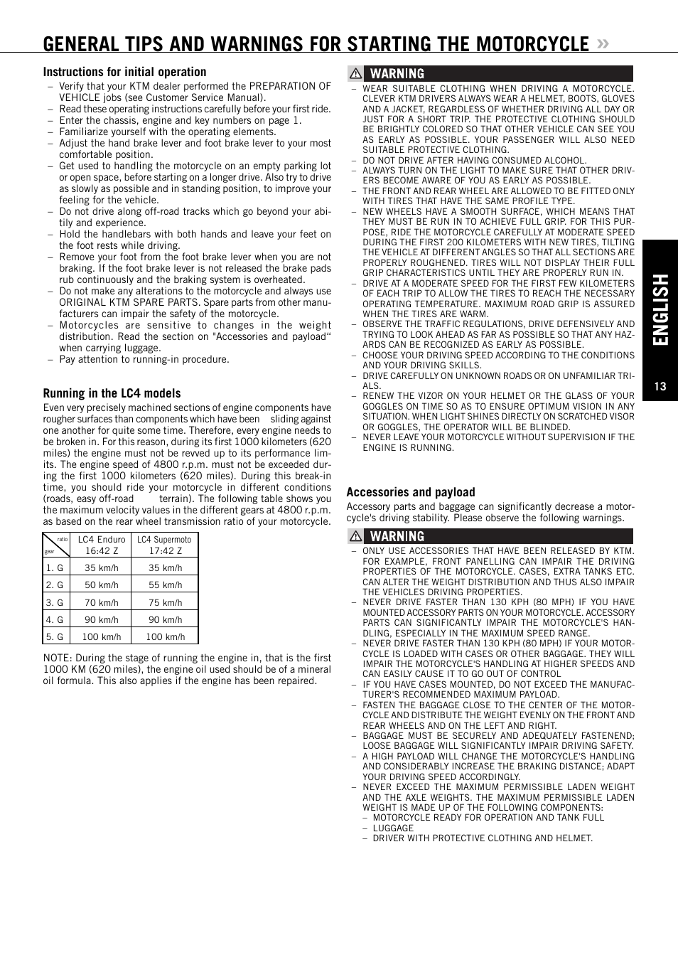English, Accessories and payload, Instructions for initial operation | Running in the lc4 models | KTM ENDURO SUPERMOTO 640 LC4 User Manual | Page 14 / 60
