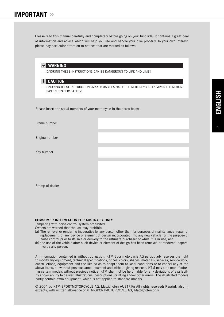 English, Important | KTM ENDURO SUPERMOTO 640 LC4 User Manual | Page 2 / 60