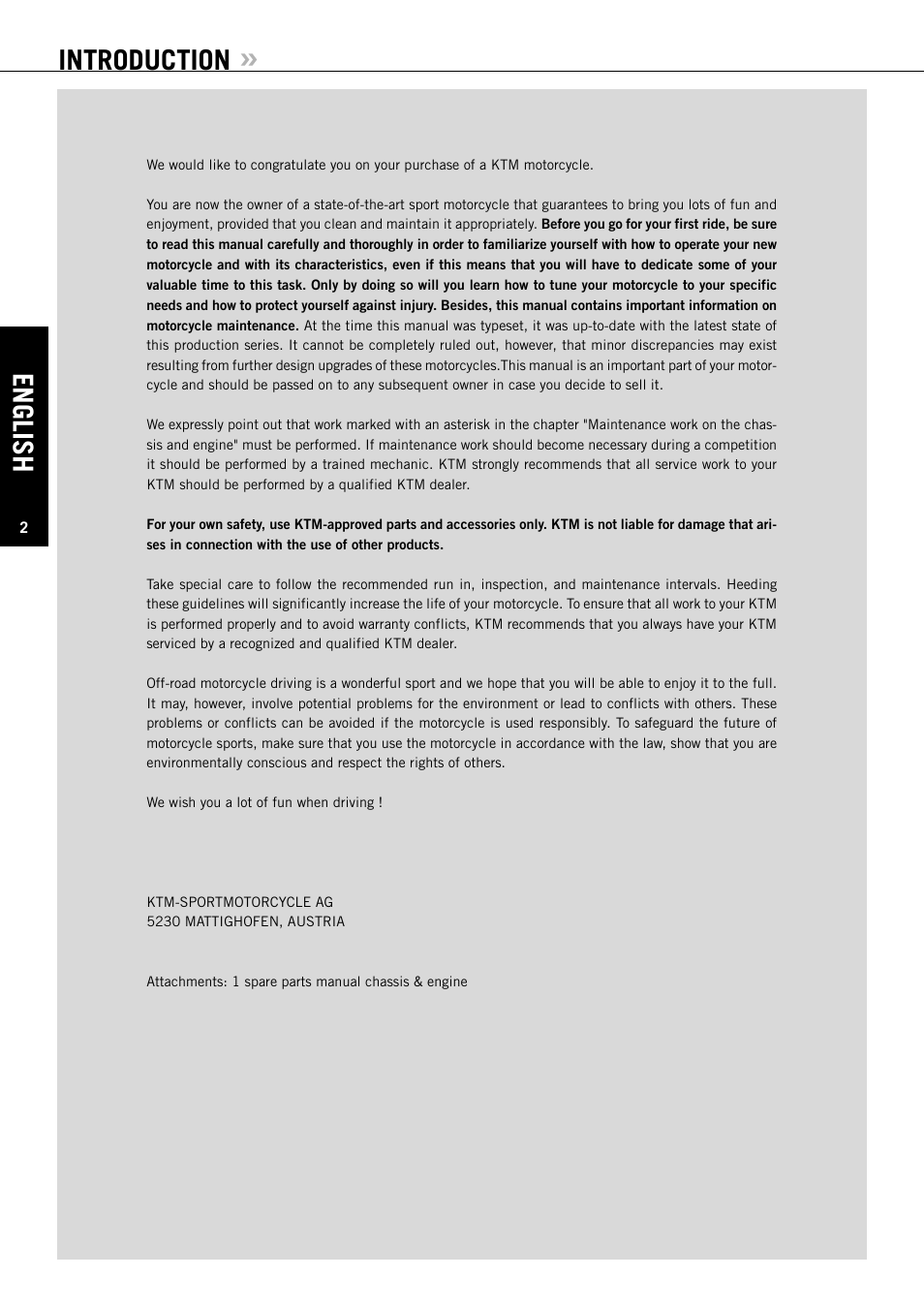 English, Introduction | KTM ENDURO SUPERMOTO 640 LC4 User Manual | Page 3 / 60