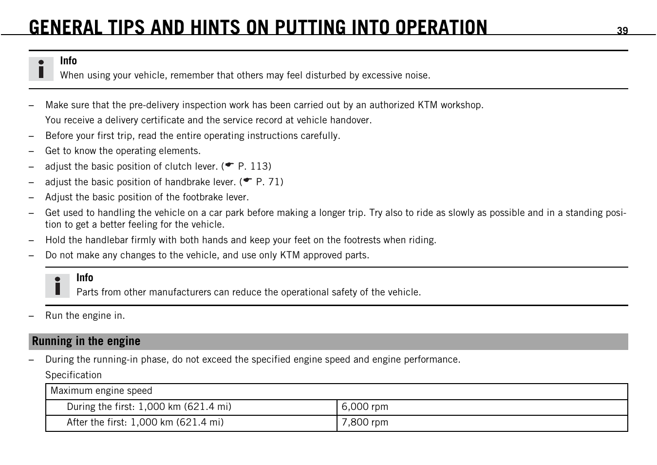 General tips and hints on putting into operation | KTM Supermoto 690 User Manual | Page 41 / 165