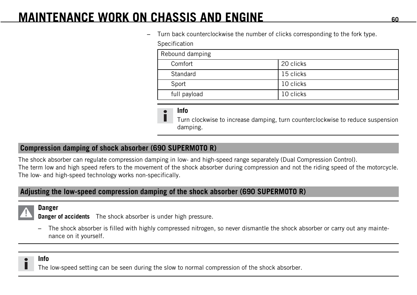 Maintenance work on chassis and engine | KTM Supermoto 690 User Manual | Page 62 / 165