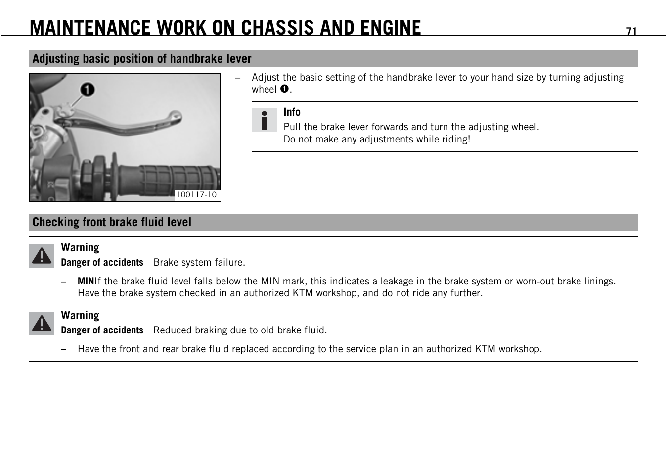 Maintenance work on chassis and engine | KTM Supermoto 690 User Manual | Page 73 / 165