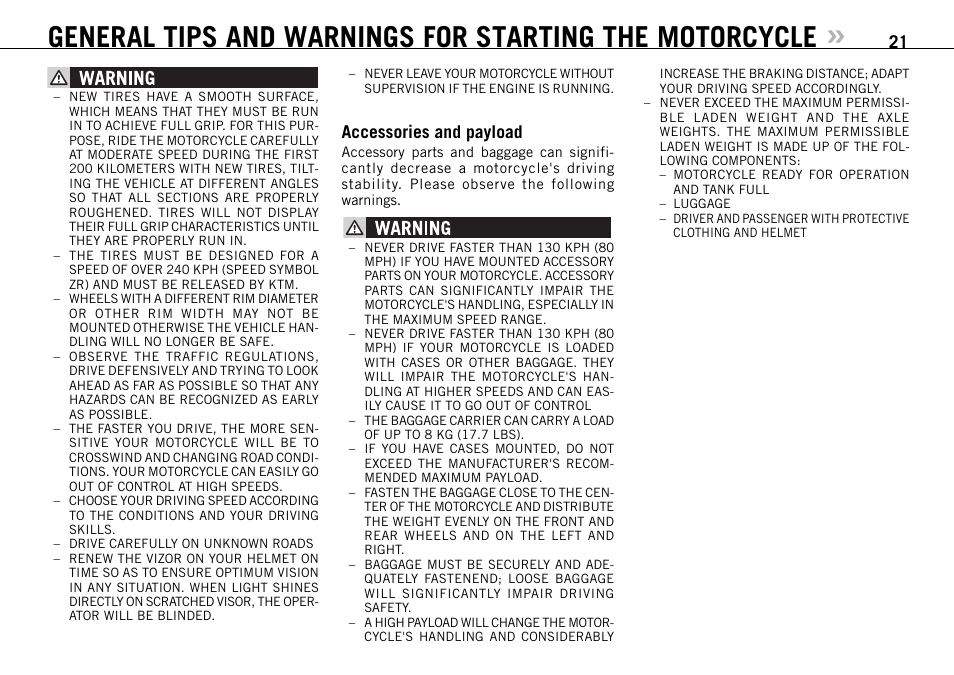 Accessories and payload | KTM 950 SUPERMOTO User Manual | Page 22 / 90