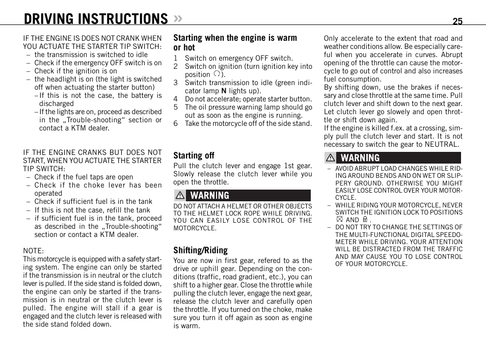 Driving instructions | KTM 950 SUPERMOTO User Manual | Page 26 / 90