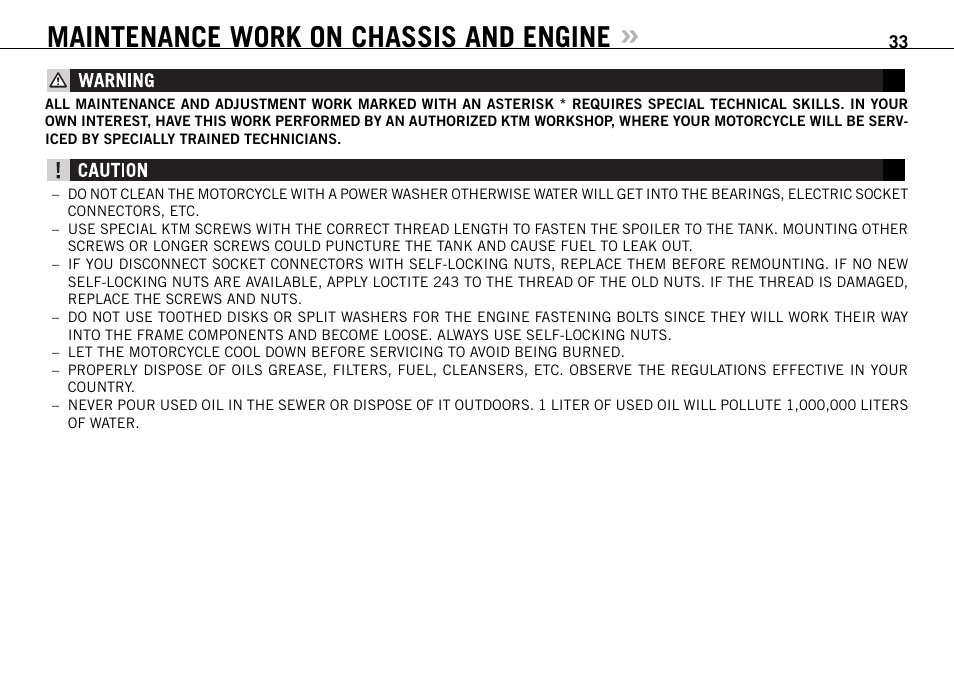 Maintenance work on chassis and engine | KTM 950 SUPERMOTO User Manual | Page 34 / 90