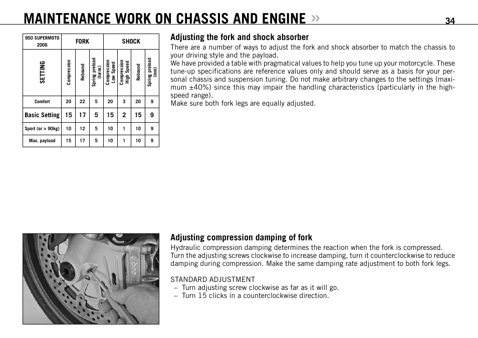 Maintenance work on chassis and engine, Adjusting the fork and shock absorber, Adjusting compression damping of fork | KTM 950 SUPERMOTO User Manual | Page 35 / 90