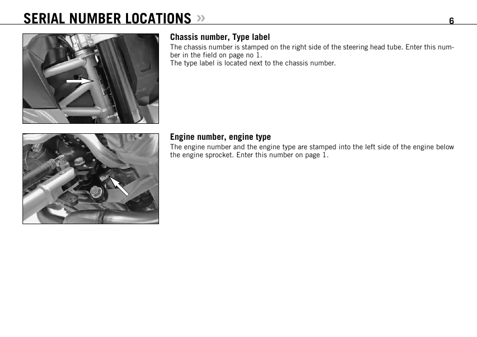 Serial number locations | KTM 950 SUPERMOTO User Manual | Page 7 / 90