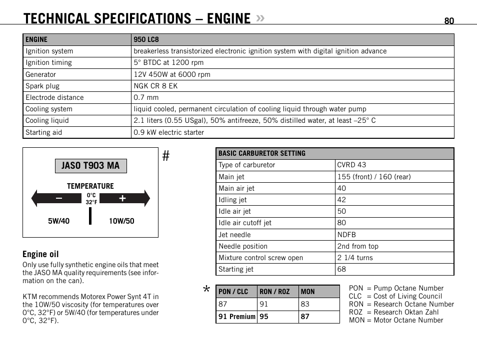 Technical specifications – engine, Jaso t903 ma | KTM 950 SUPERMOTO User Manual | Page 81 / 90