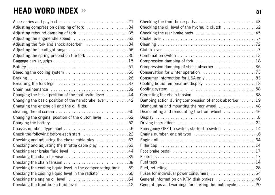 Head word index | KTM 950 SUPERMOTO User Manual | Page 82 / 90