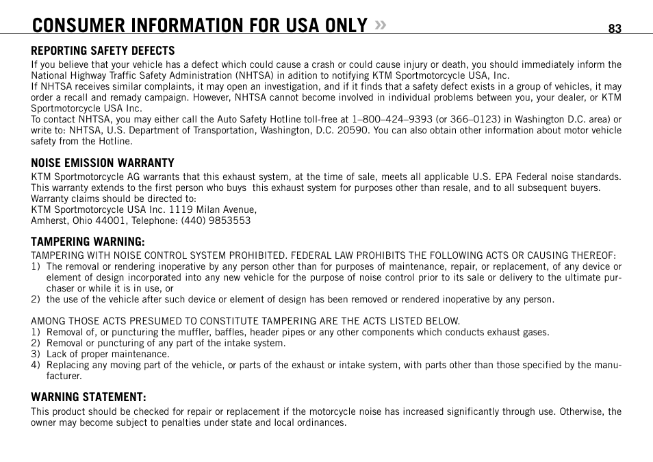 Consumer information for usa only | KTM 950 SUPERMOTO User Manual | Page 84 / 90