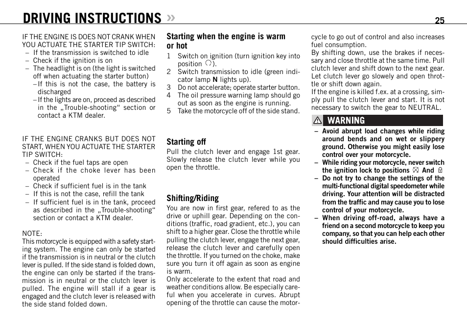 Driving instructions | KTM 950 User Manual | Page 26 / 86