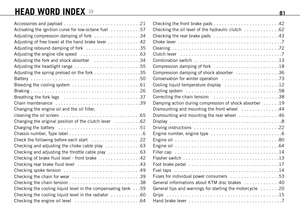 Head word index | KTM 950 User Manual | Page 82 / 86