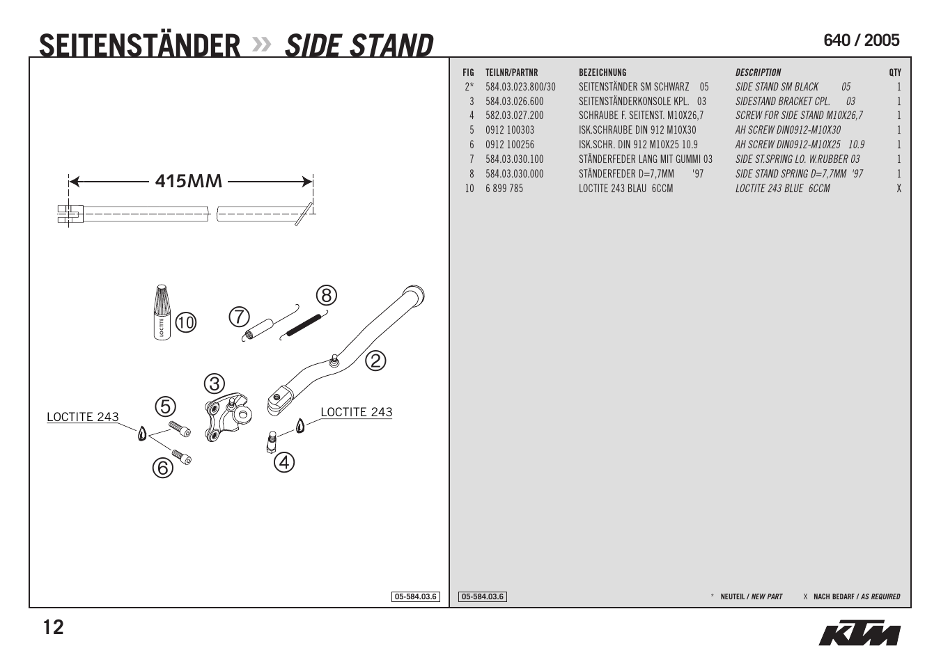 Seitenständer, Side stand, Loctite | Loctite 243, 415mm | KTM Supermoto 640 LC4 User Manual | Page 14 / 40