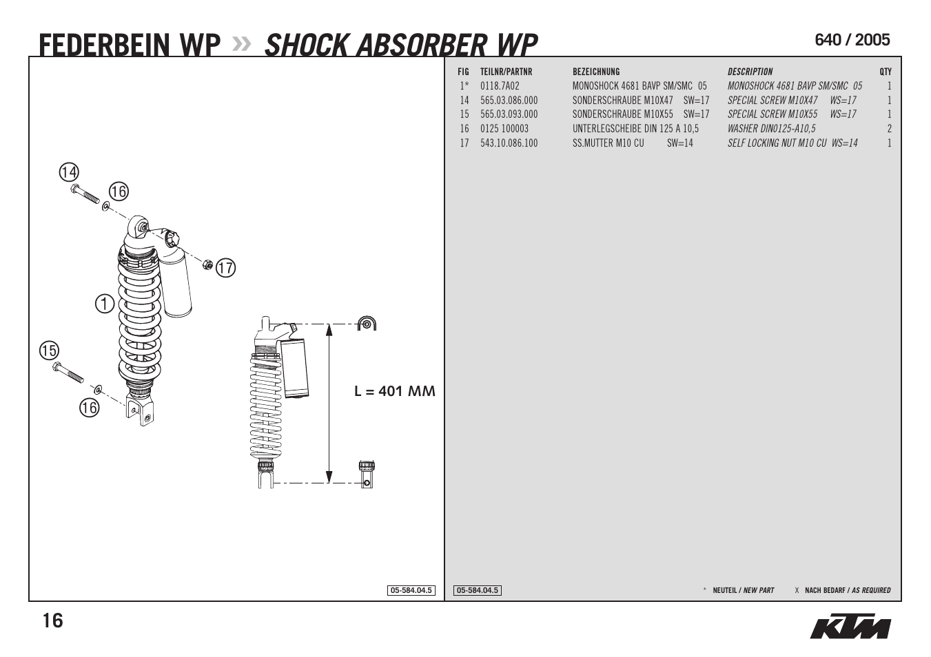 L = 401, Federbein wp, Shock absorber wp | 1bo bp bq bq br | KTM Supermoto 640 LC4 User Manual | Page 18 / 40