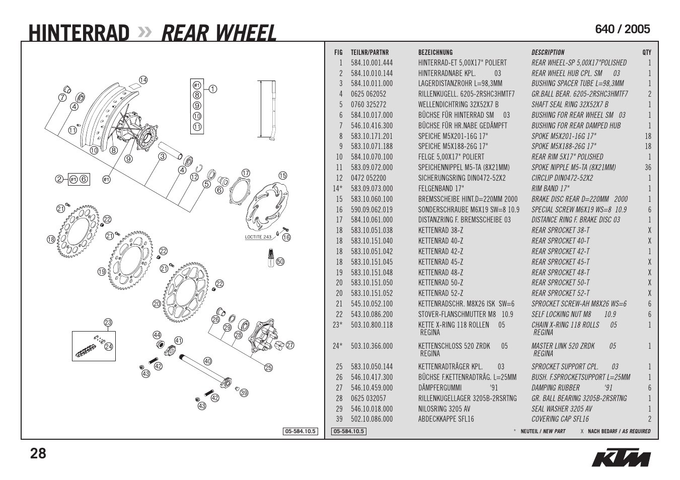 Hinterrad, Rear wheel, Loctite 243 | 8 9 bk bl, Loctite | KTM Supermoto 640 LC4 User Manual | Page 30 / 40