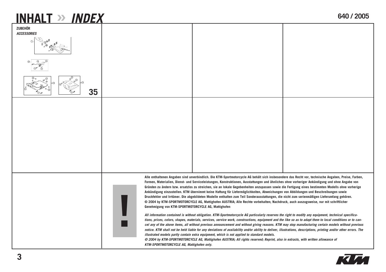 Inhalt, Index | KTM Supermoto 640 LC4 User Manual | Page 5 / 40